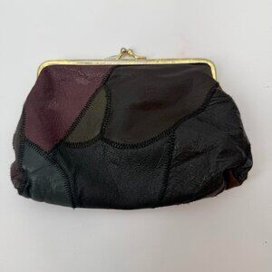 Vintage Genuine Leather Patchwork Purse Kiss Lock Coin Pouch Multi Color Boho 8"